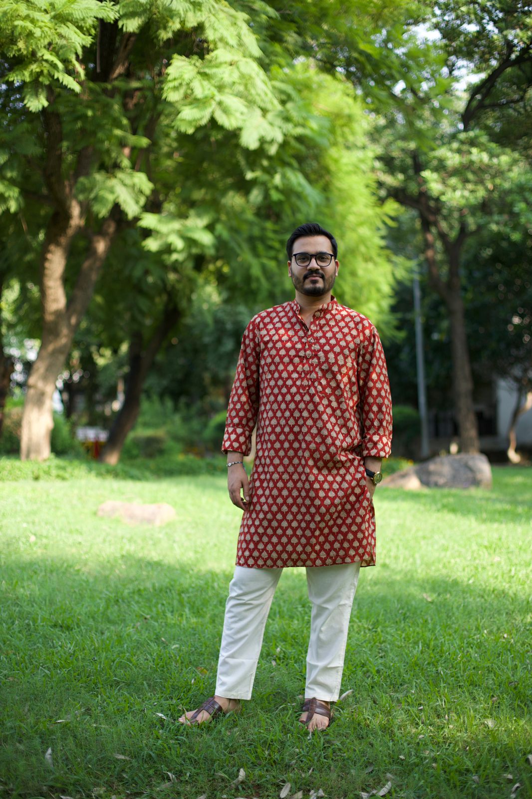 Men Red Block Printed Cotton Kurta