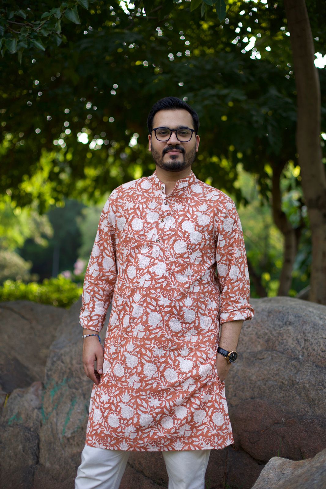 Men Wood Brown Floral Printed Straight Kurta