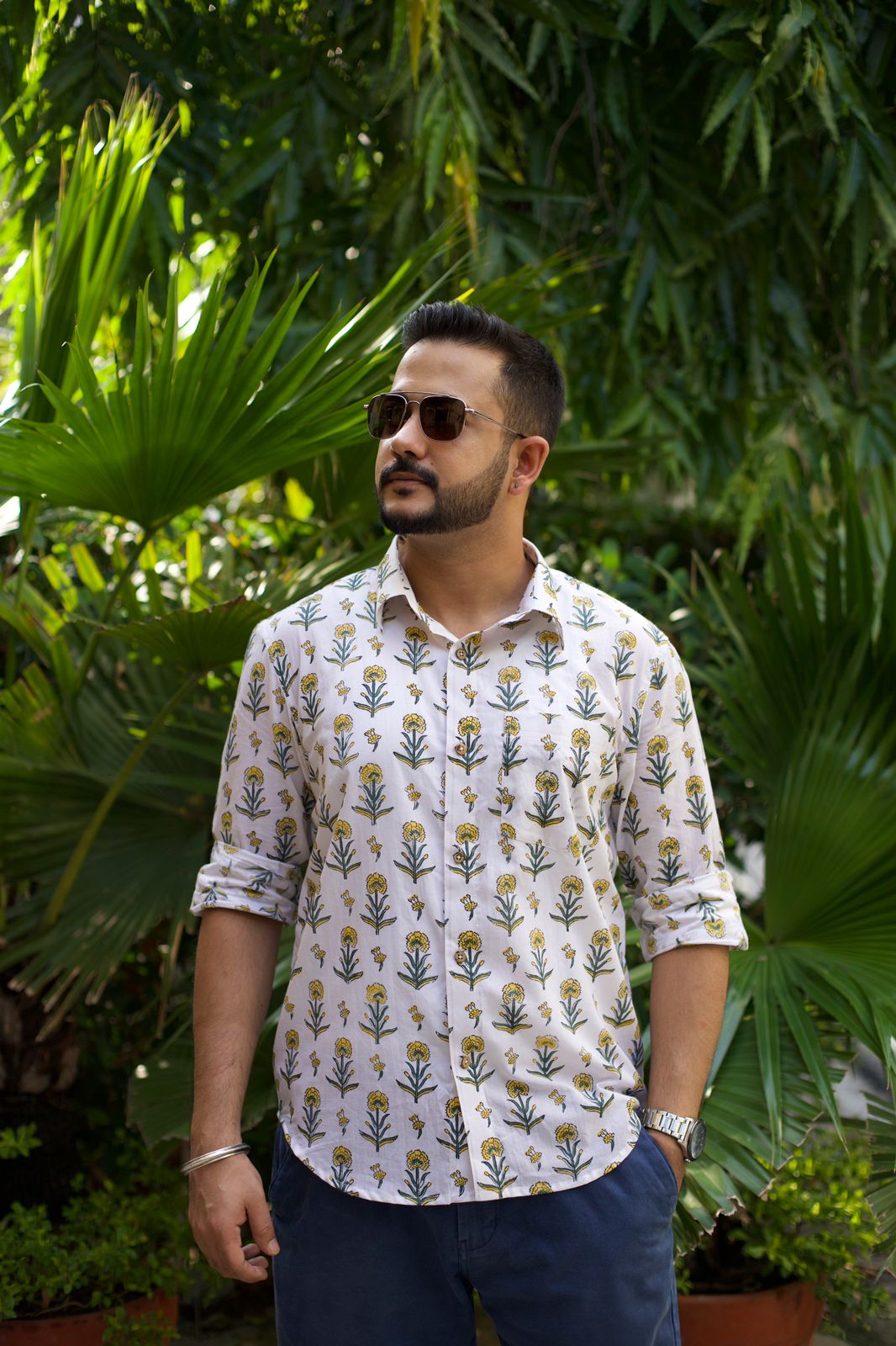 Men Yellow Marigold Printed Cotton Shirt White