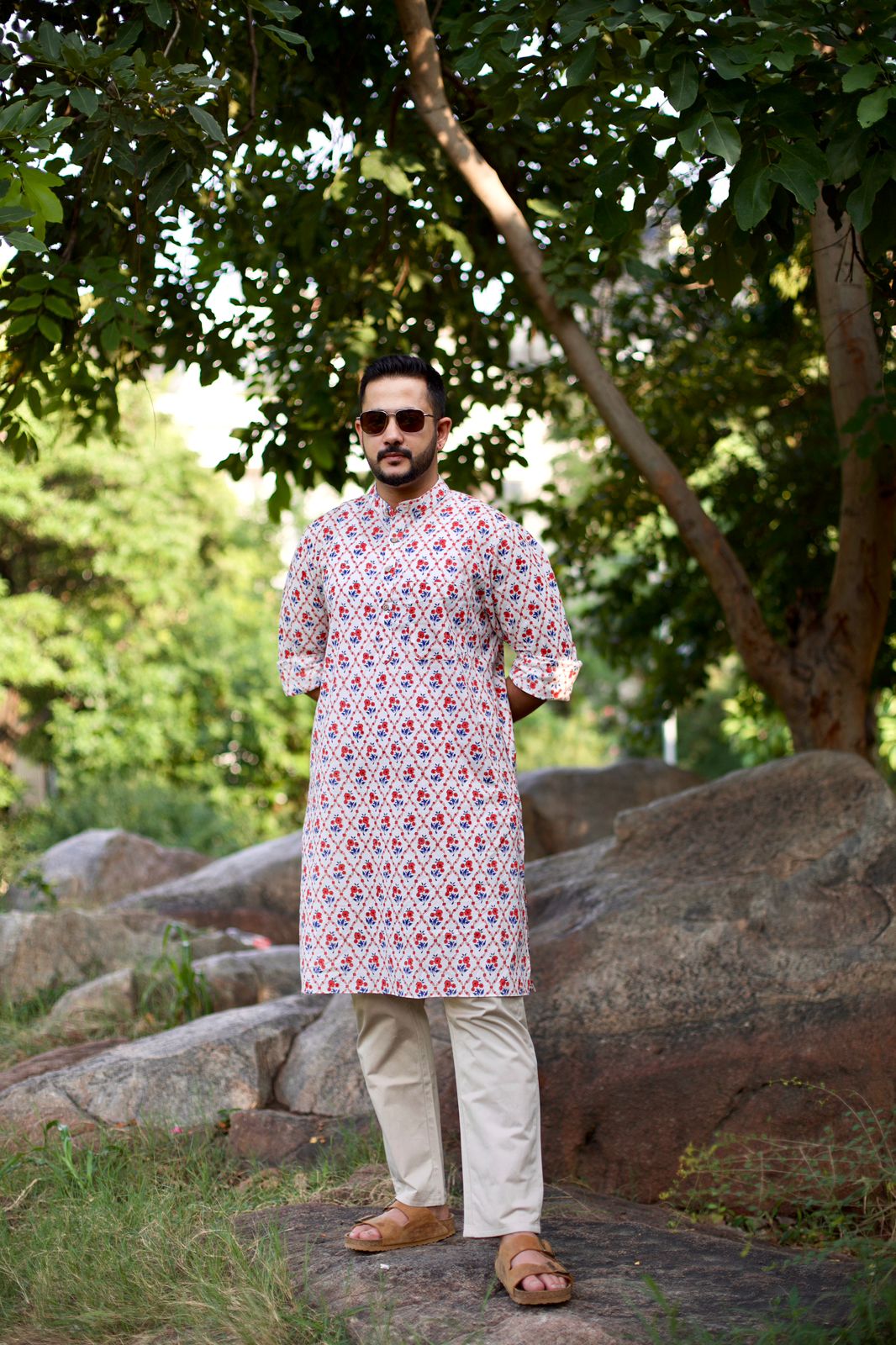 Men Munnavar Printed White Cotton Kurta