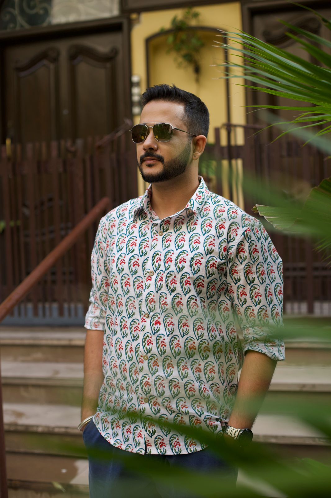 Men Floral Block Printed Full Shirt White