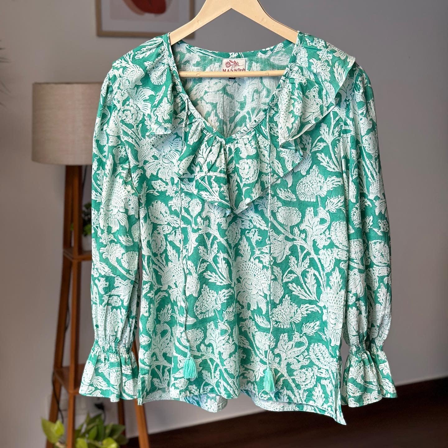 Jade Green Floral Top - Mannगिरी