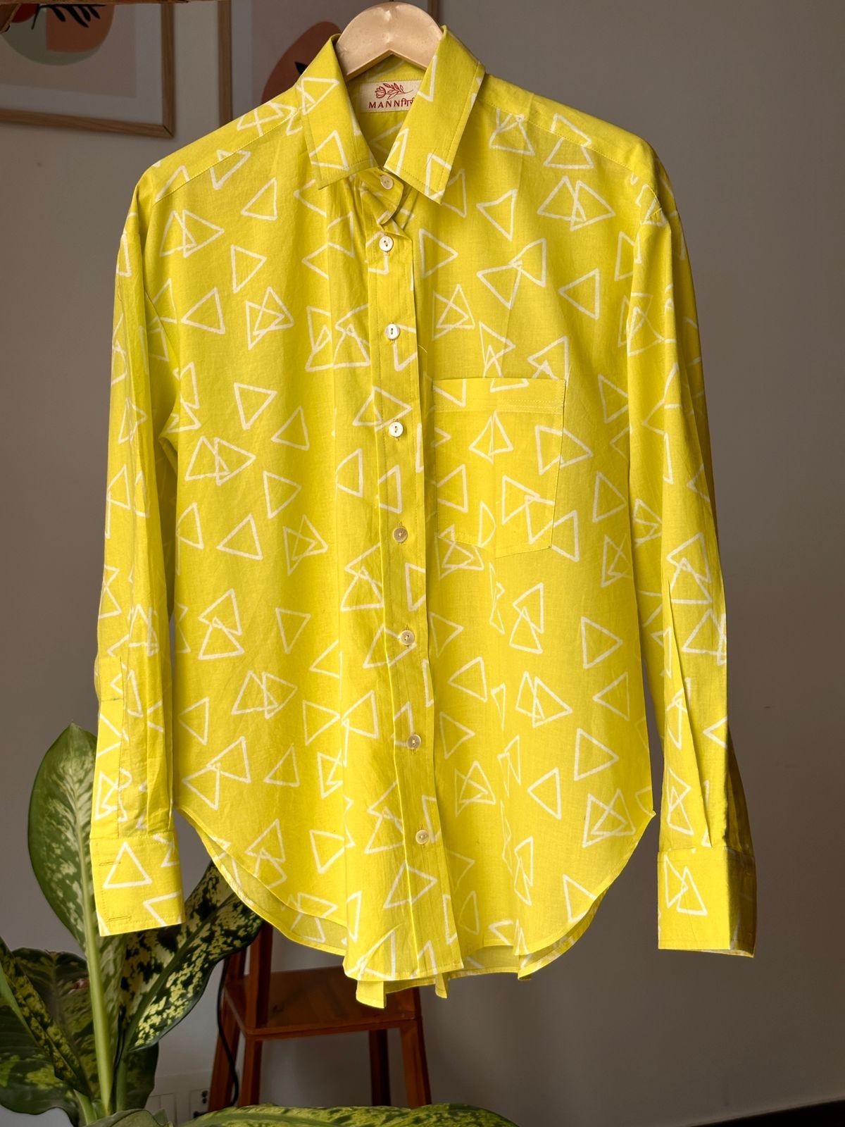 Lemon Green Handblock Printed Shirt - Mannगिरी