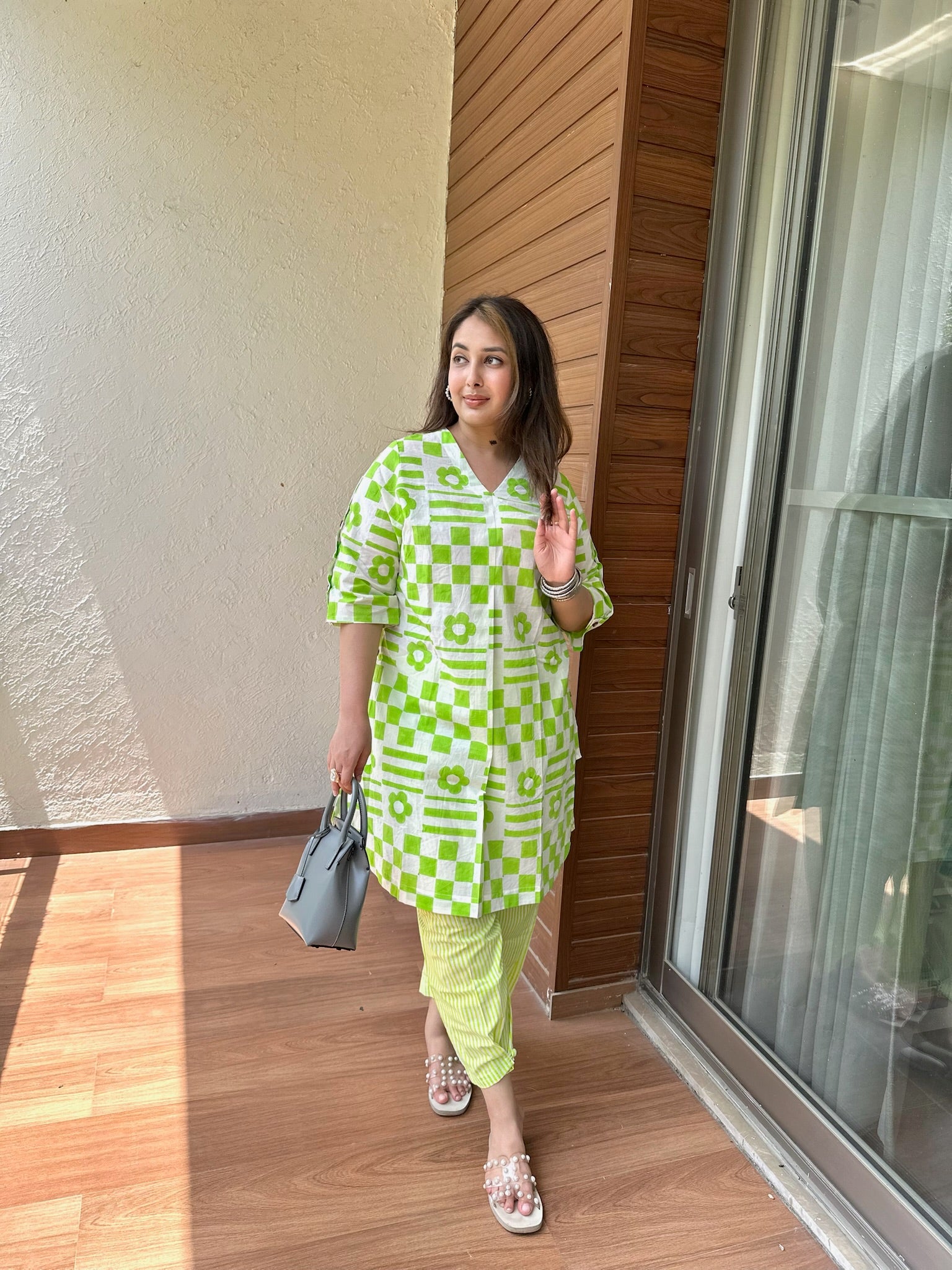 Lime Check Side Placket Boxy Co-ord Set