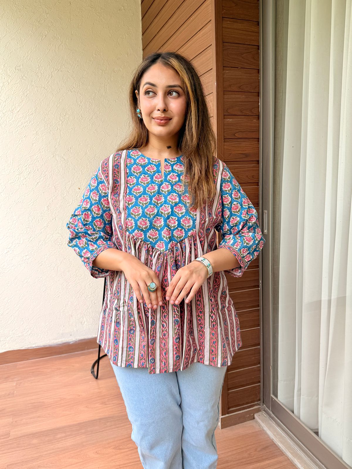Mineral Blue Gather Short Kurti