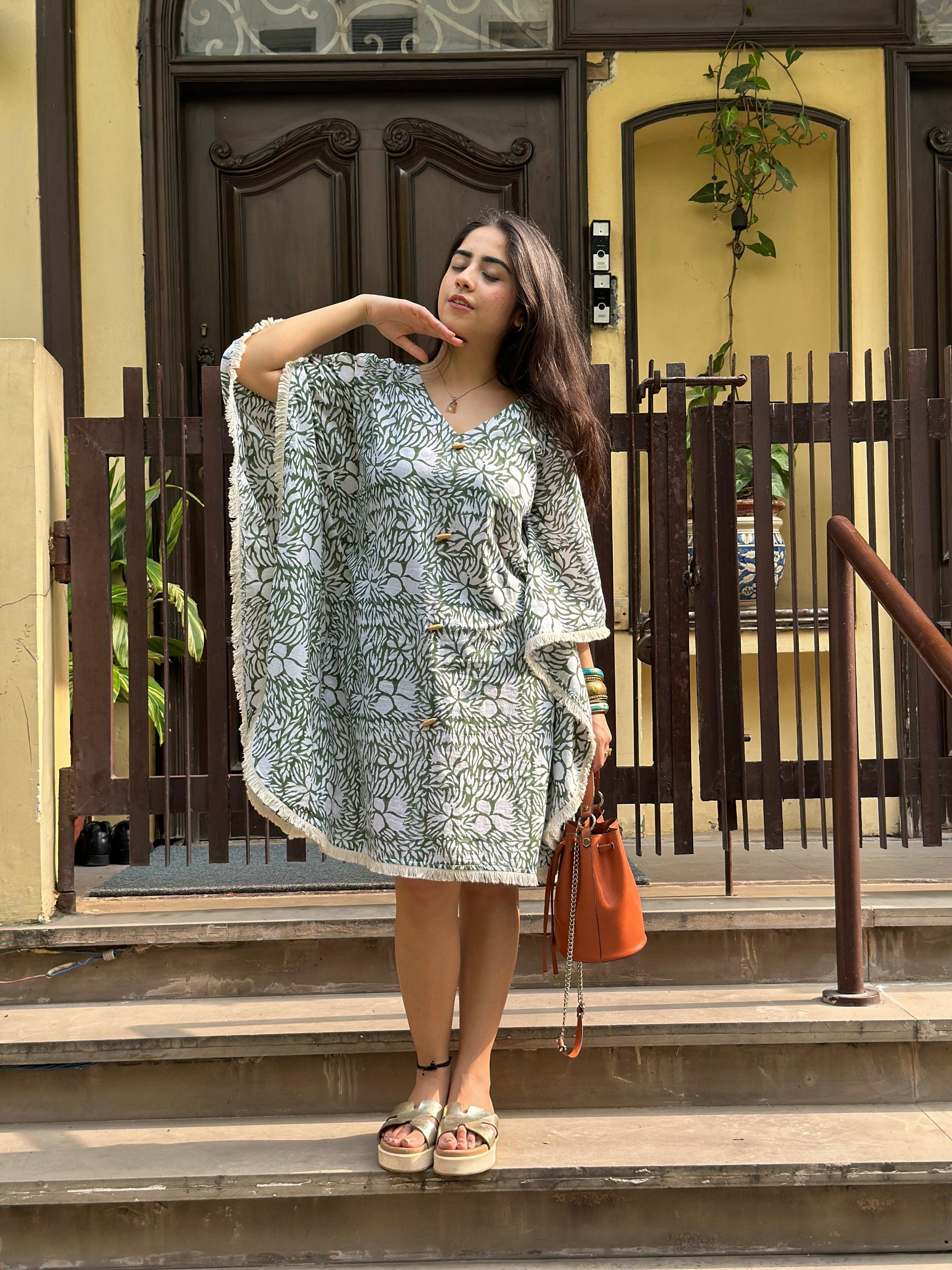 Monotone Print Green Kaftan Dress - Mannगिरी