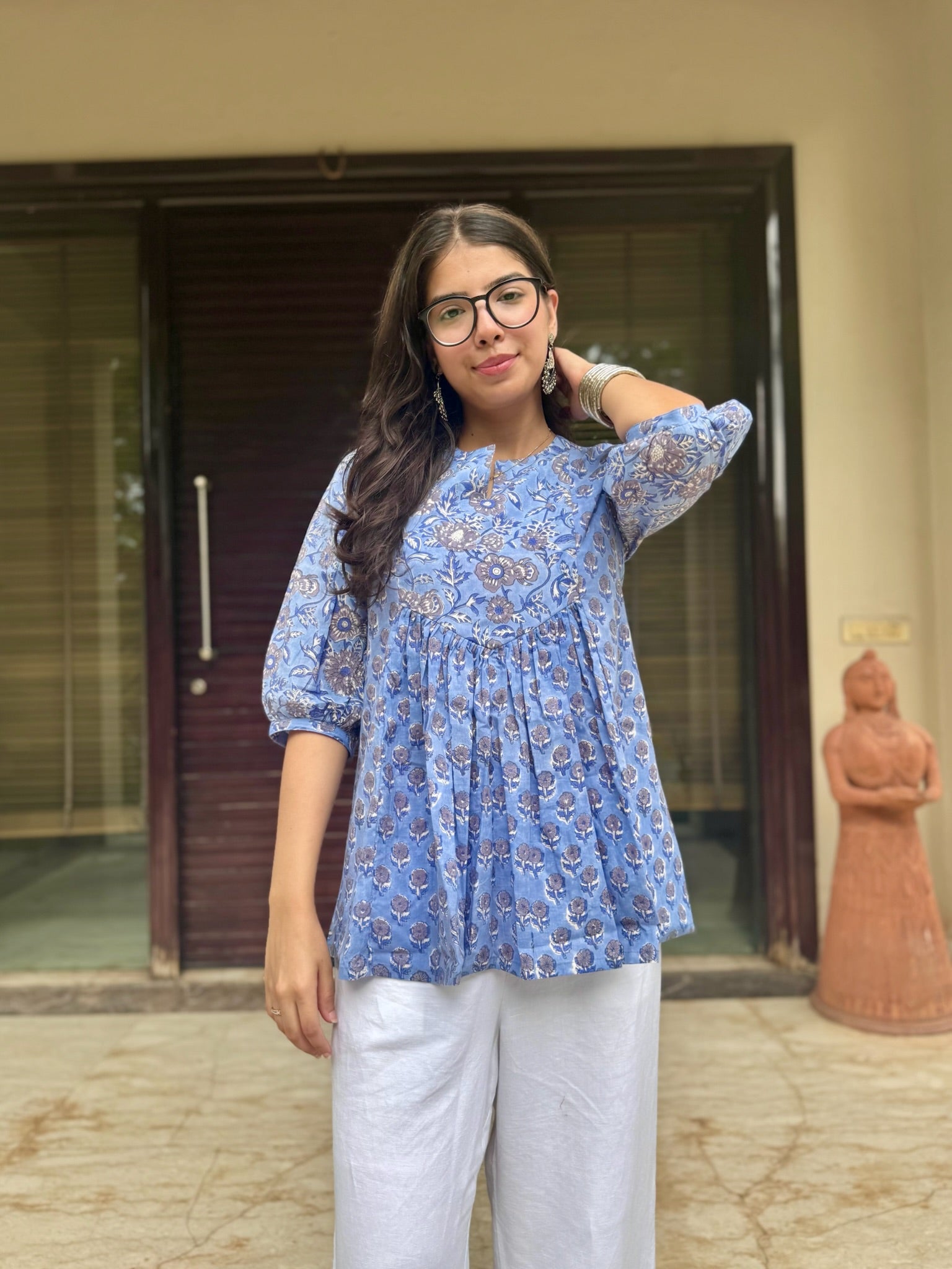 Moroccon Blue Gather Short Kurti