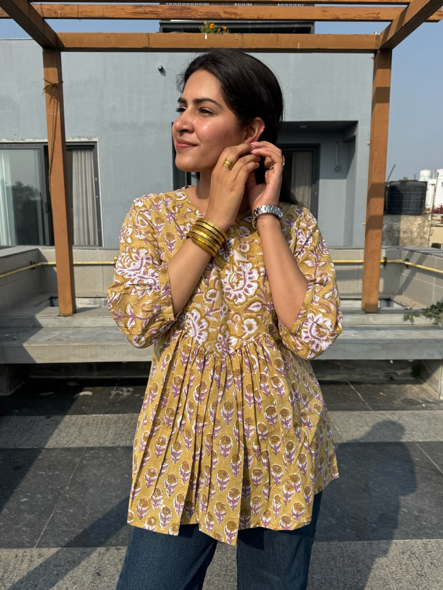 Mud Floral Gather Short Kurti