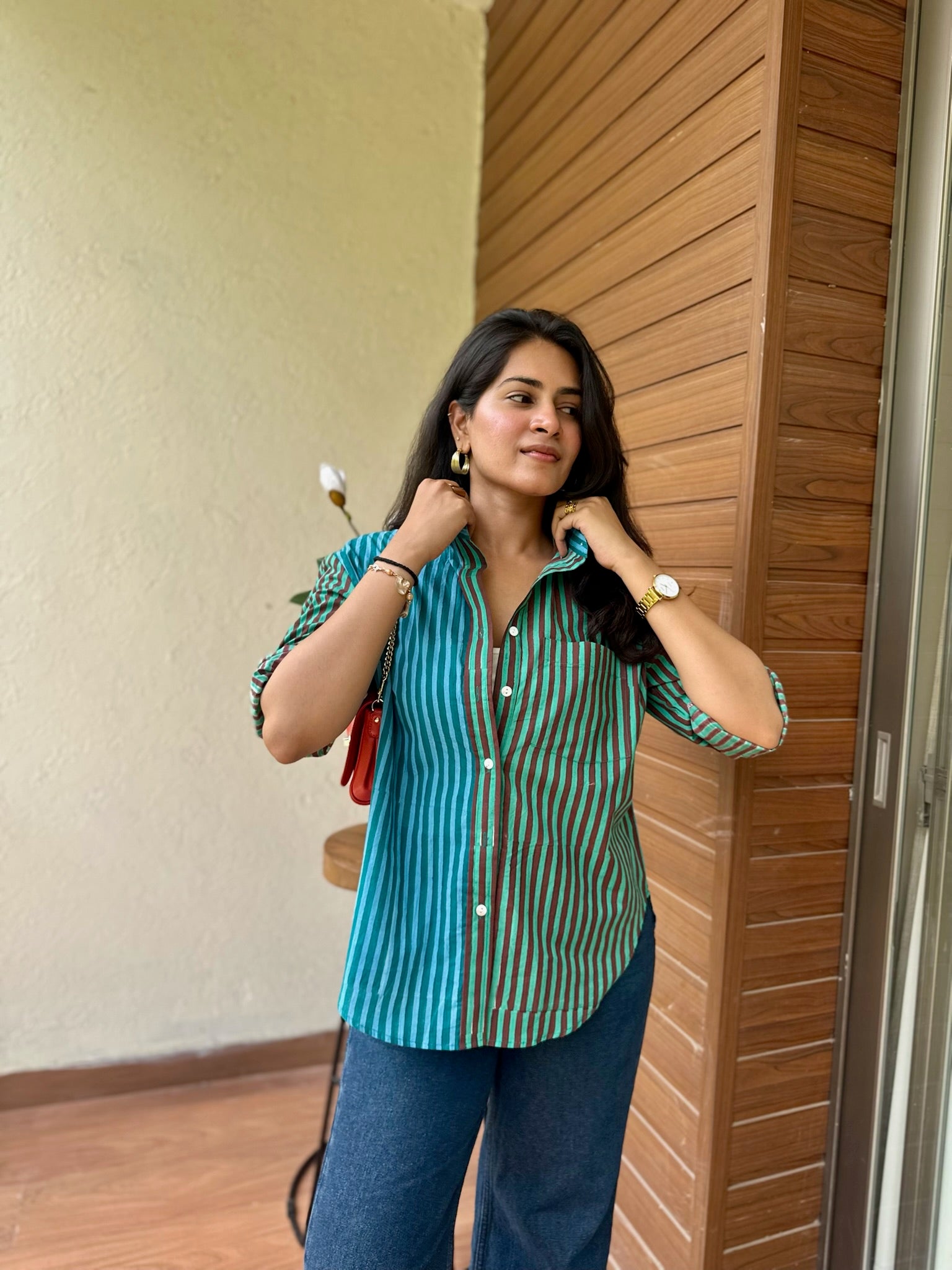 multi maroon blue striped shirt