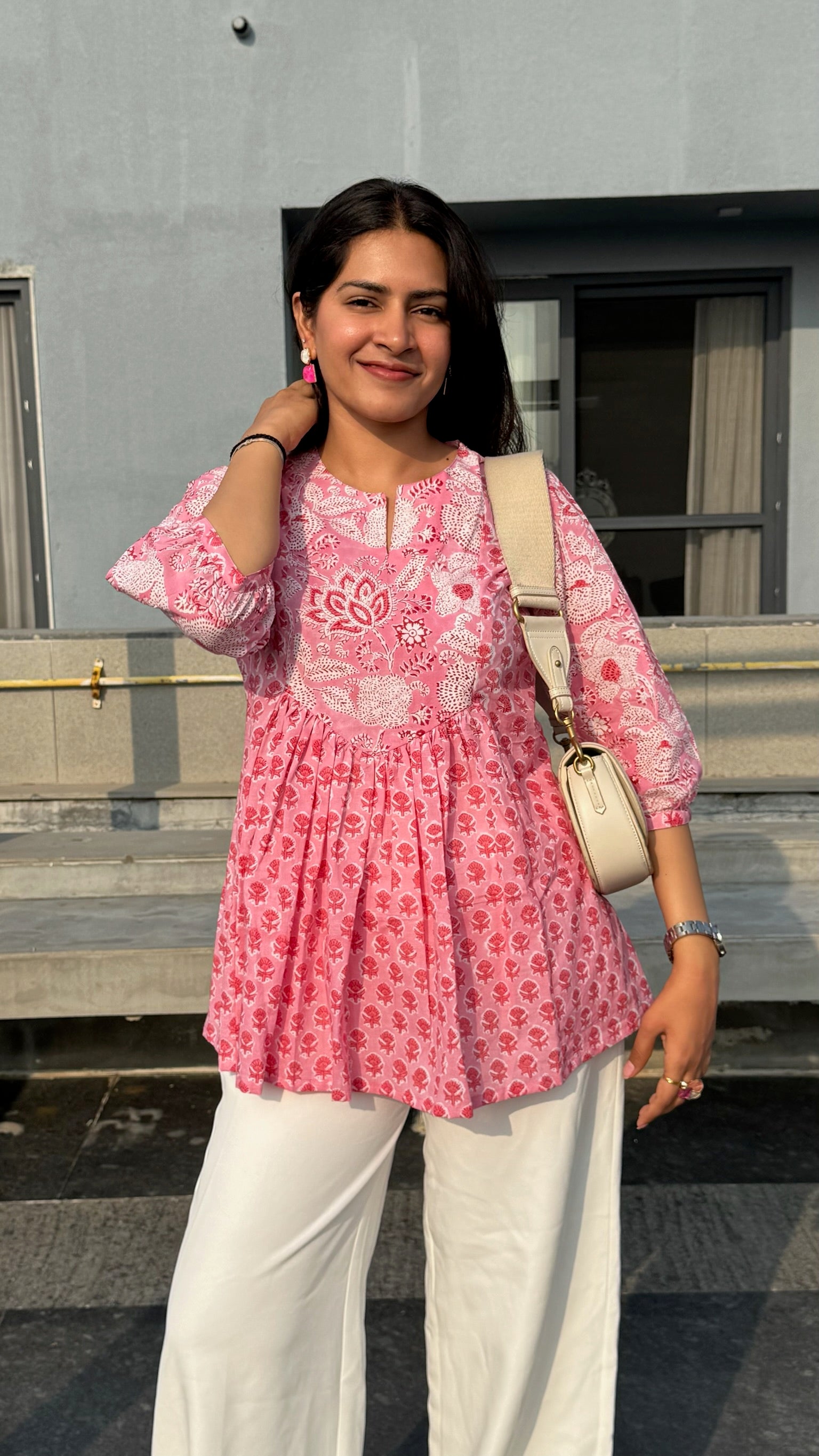 Peach Pink Gather Short Kurti