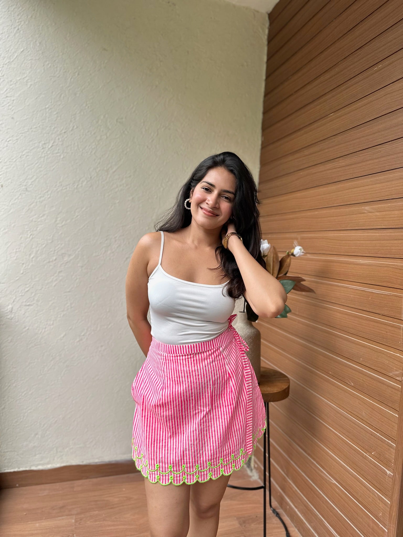 Pink Green Striped Embroidery Skort