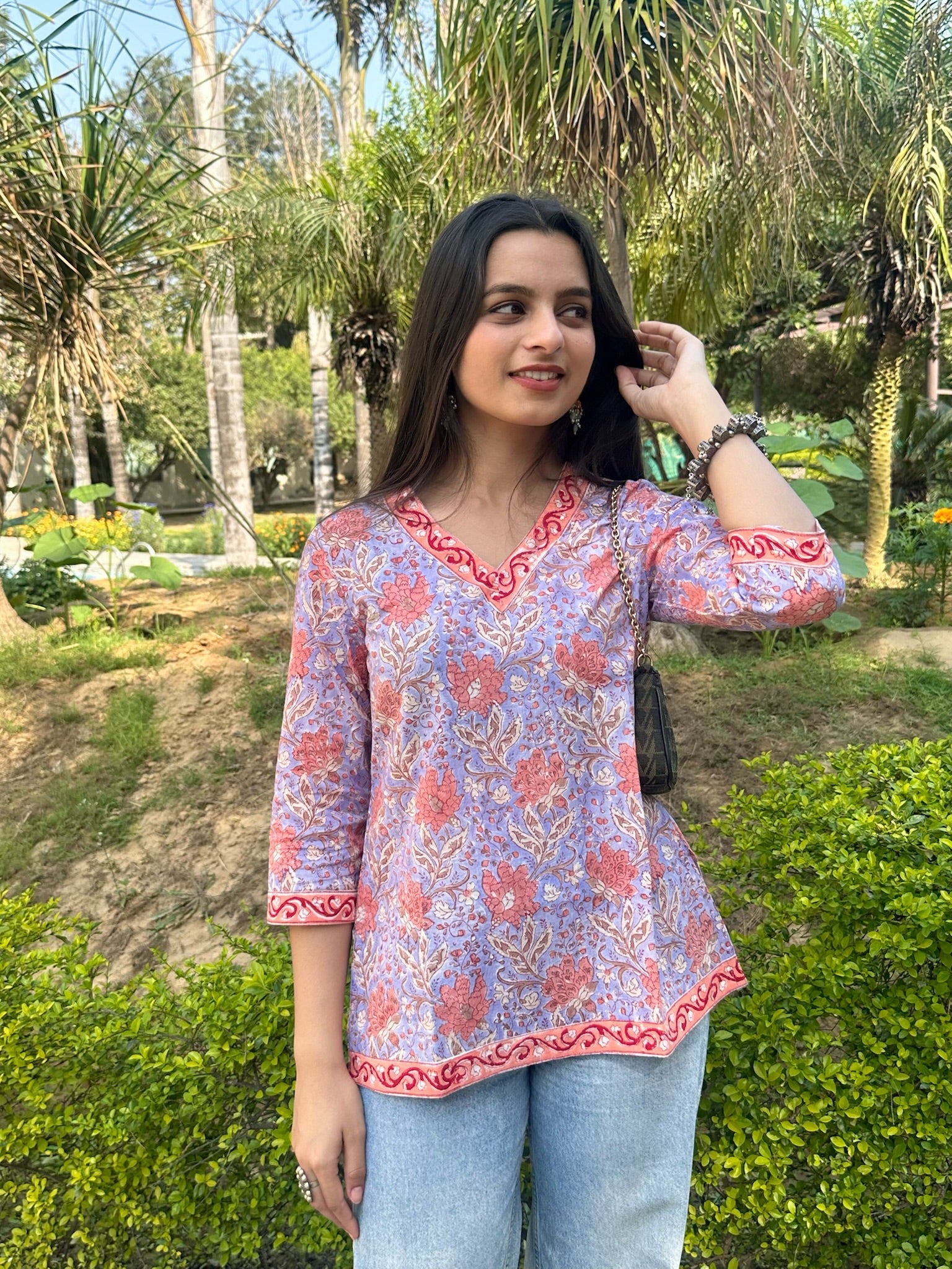 Pink Purple Floral Short Kurti