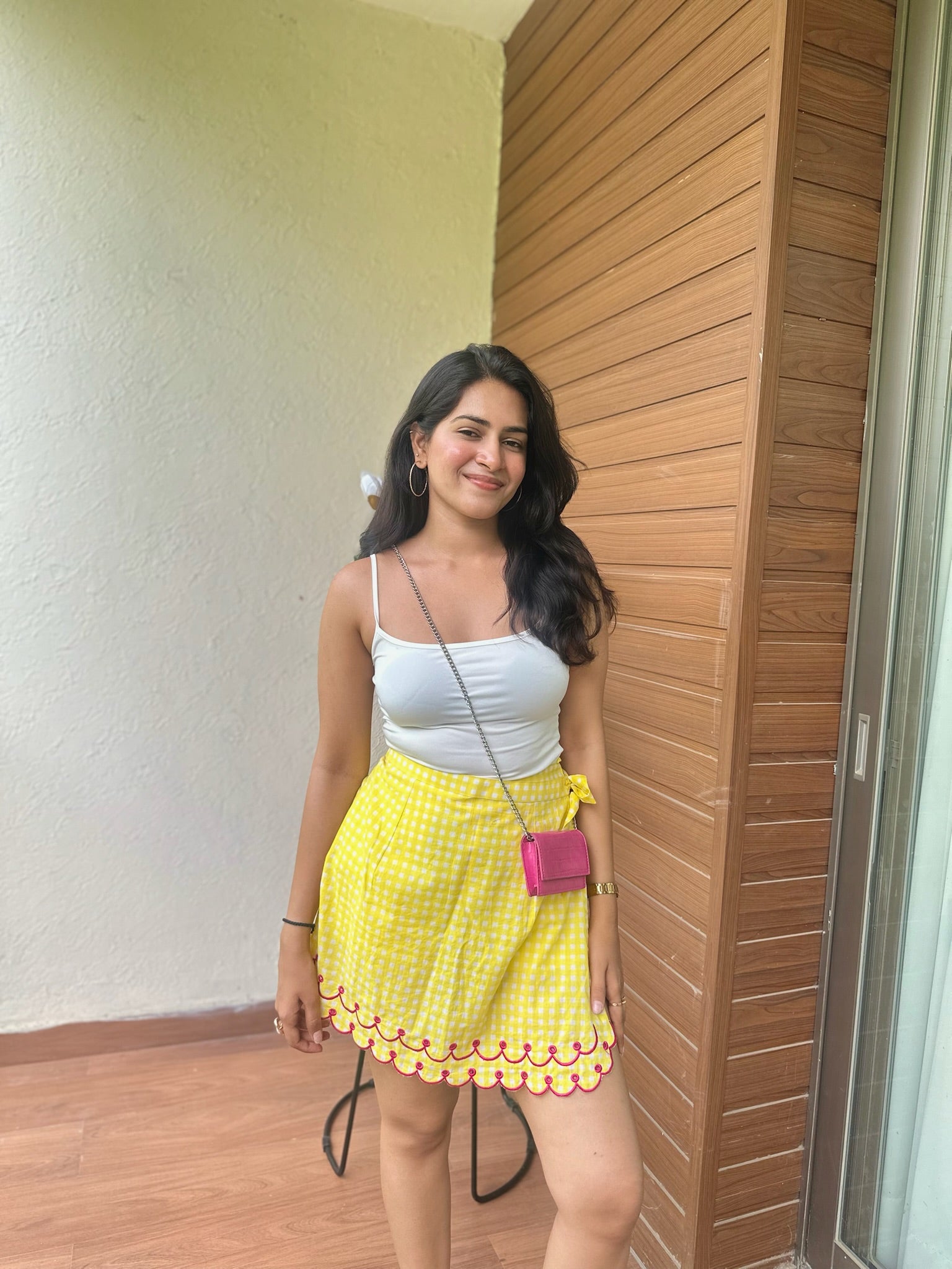 Pink Yellow Checkered Embroidery Skort
