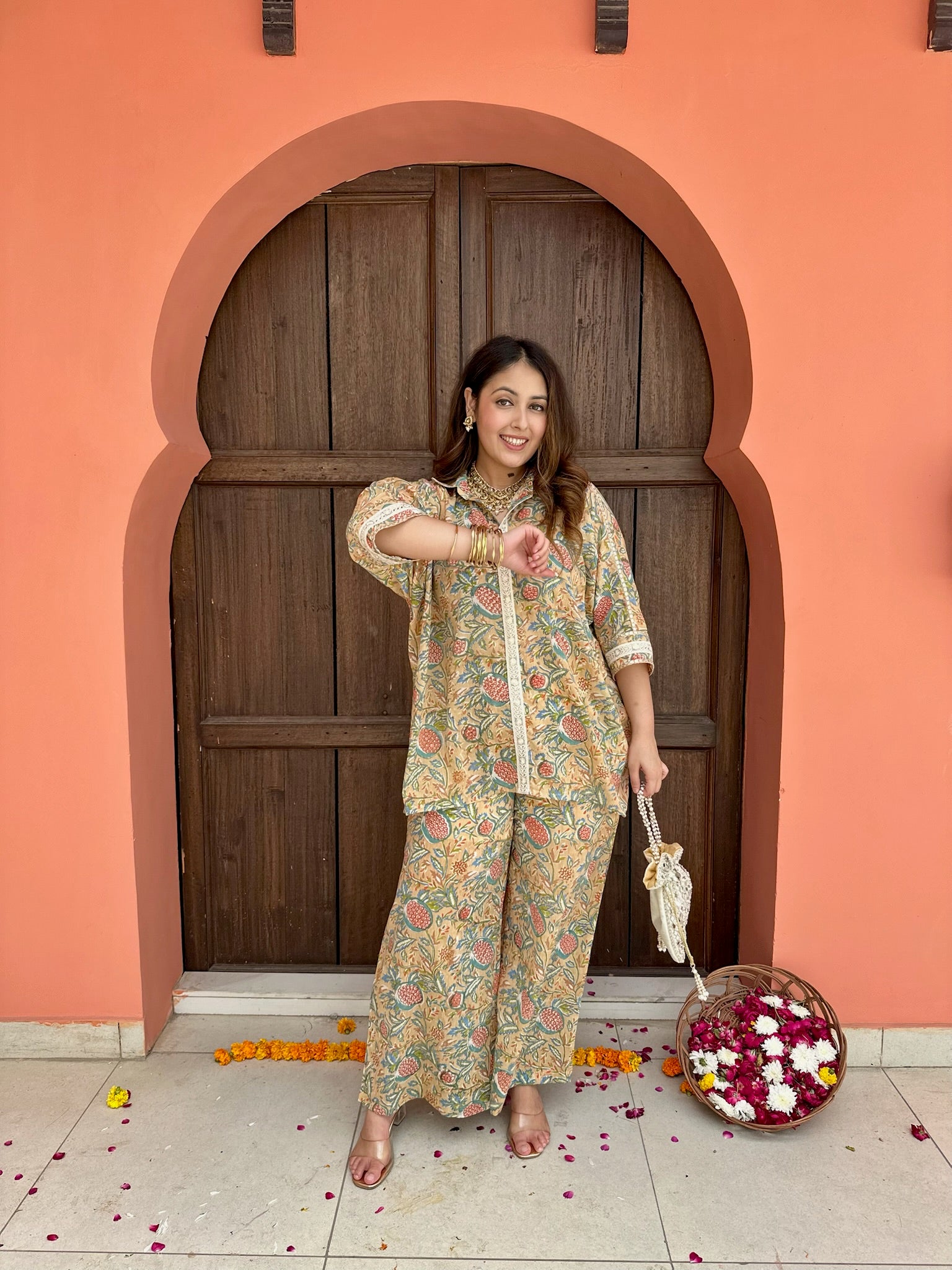 Poppy Glow Asymmetric Mulmul Co-ord Set
