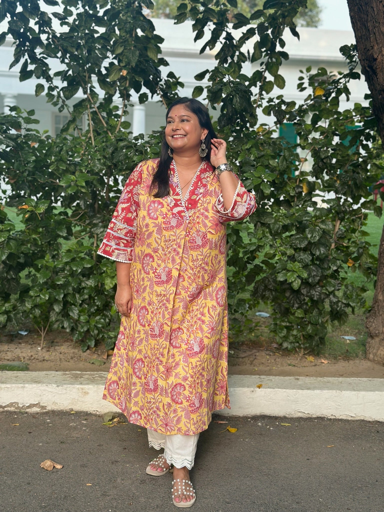 Red Yellow Front Pleat Kurta