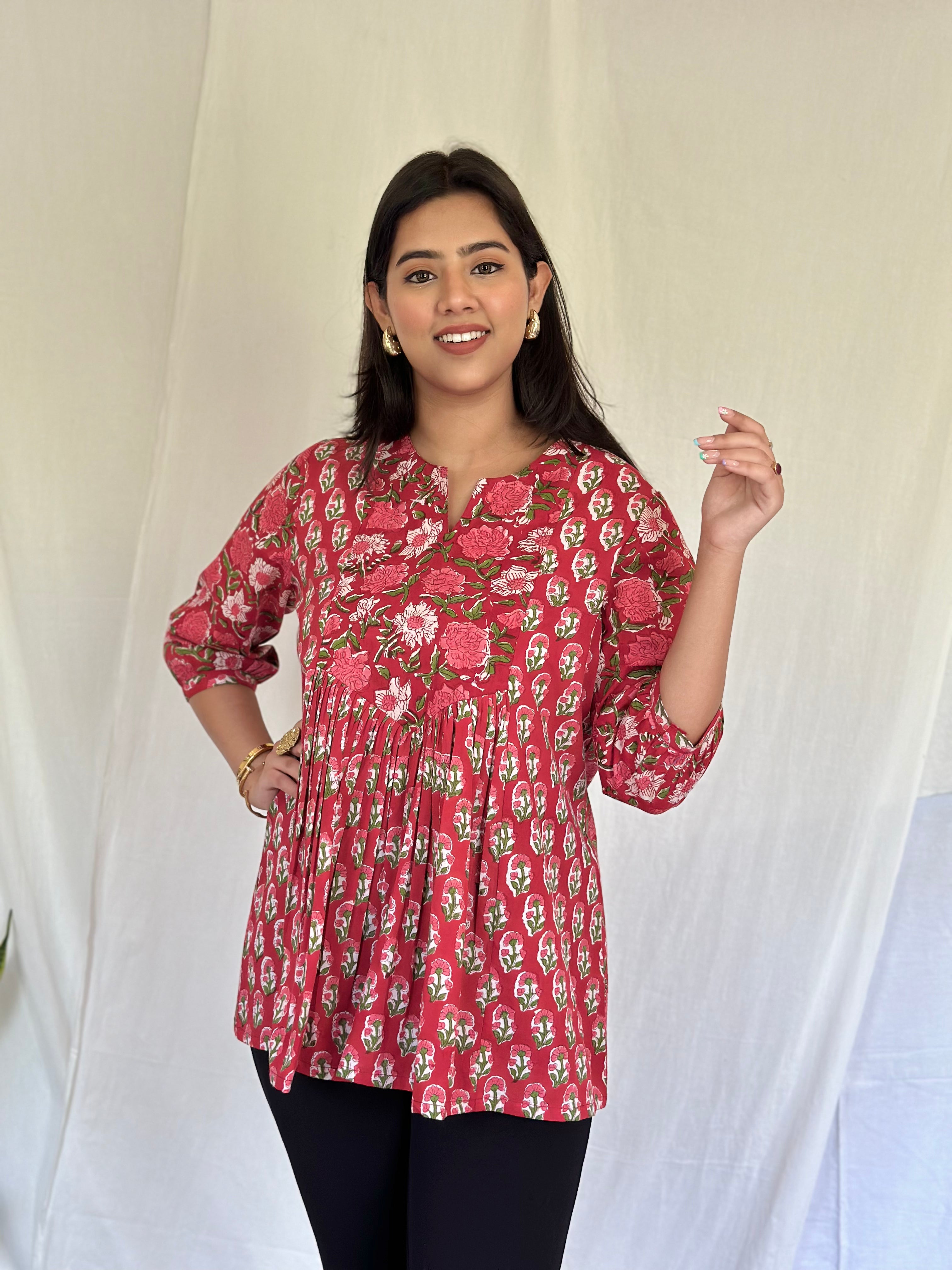 Rose Red Gather Short Kurti