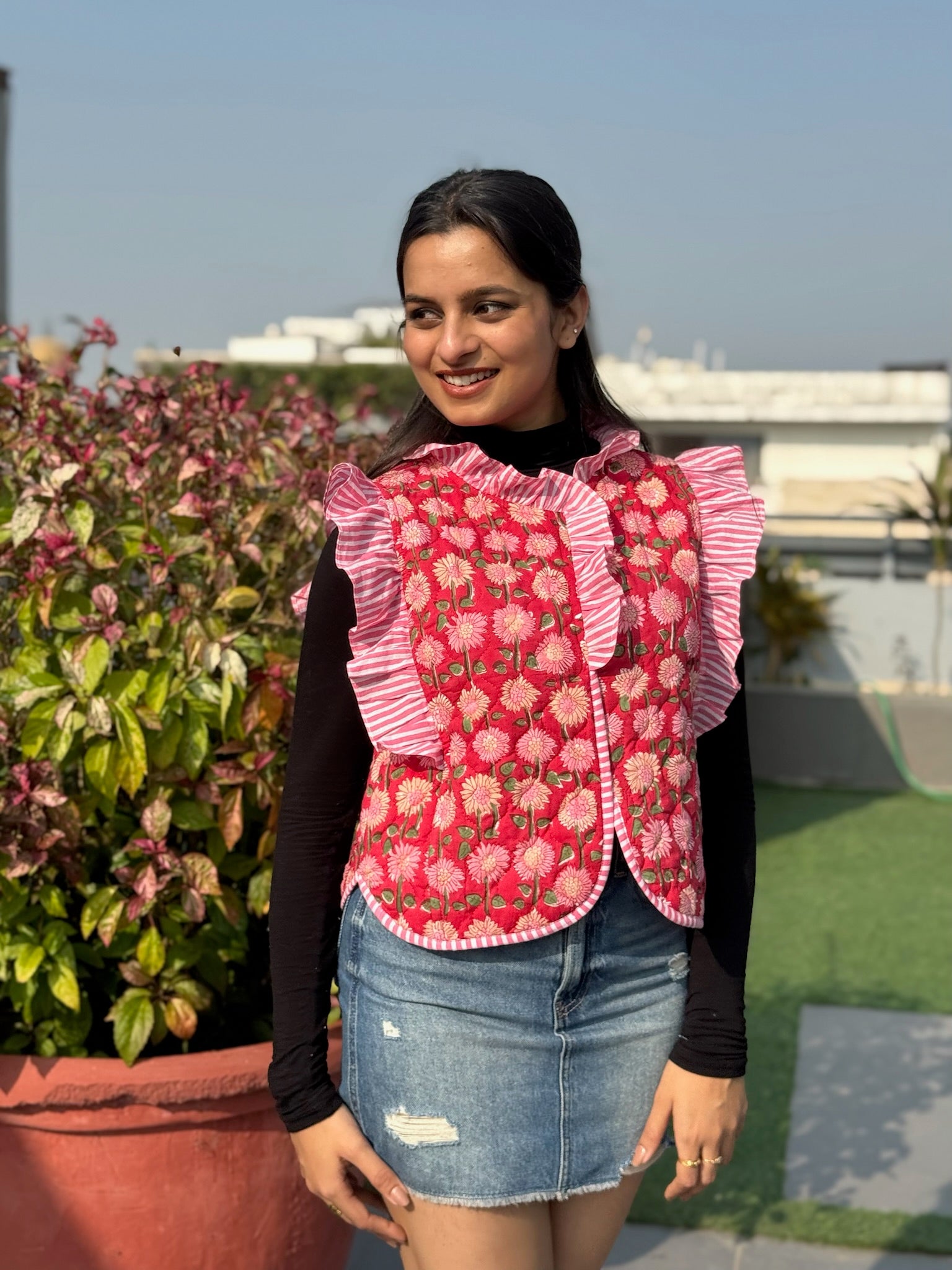 Soft Kumkum Quilted Frill Jacket