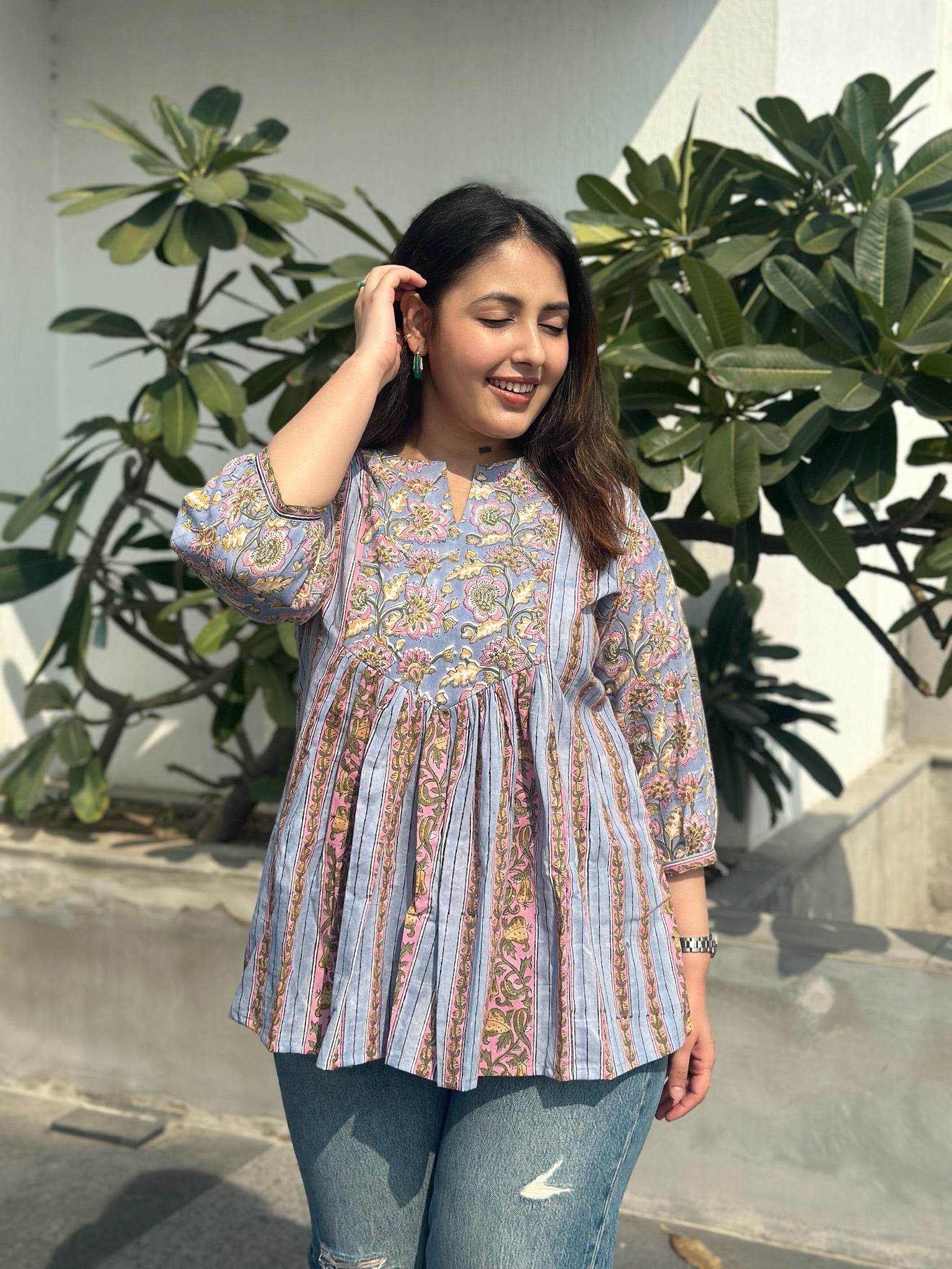 Steel Blue Gather Short Kurti