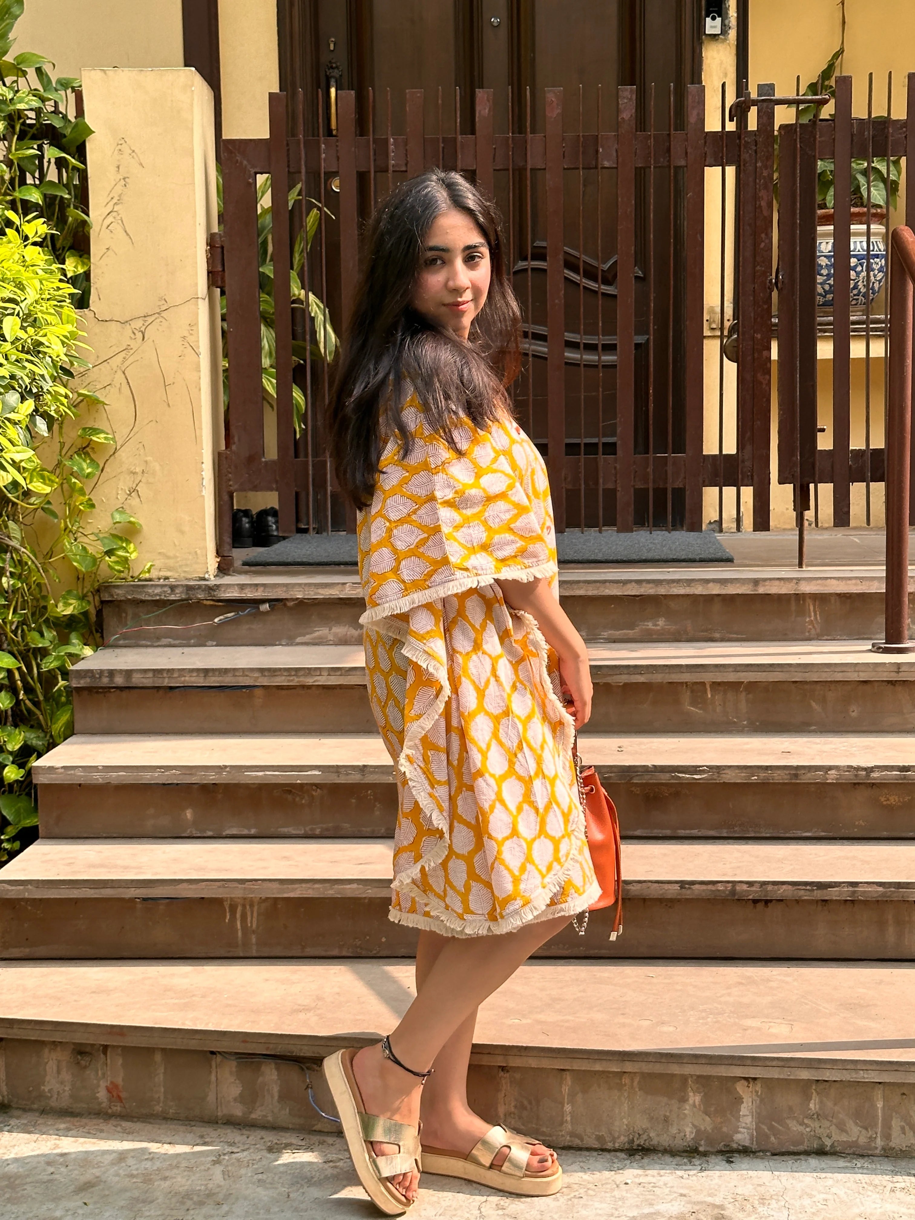 Symmetry Pattern Yellow Kaftan Dress - Mannगिरी