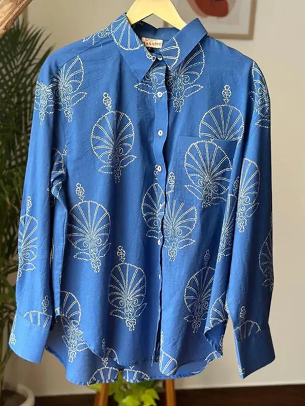 Teal Blue Handblock Printed Shirt