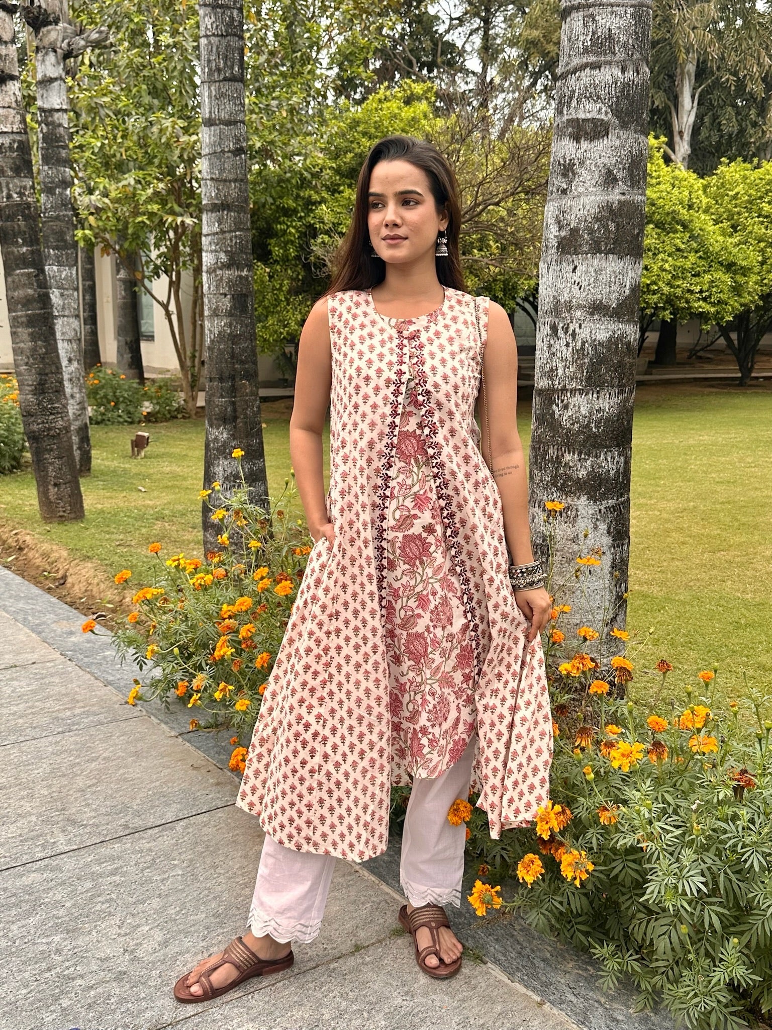 White Pink Jacket Kurta Set