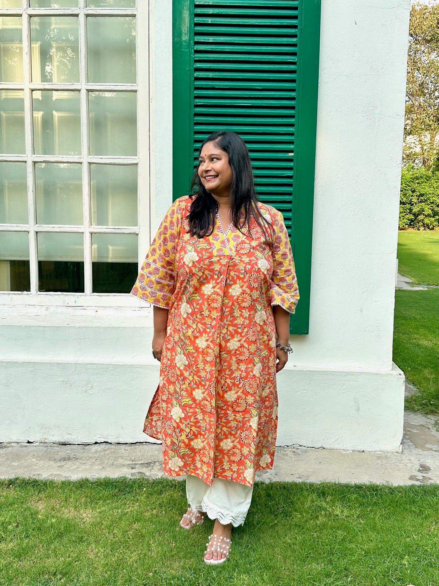 Yellow Orange Front Pleat Kurta